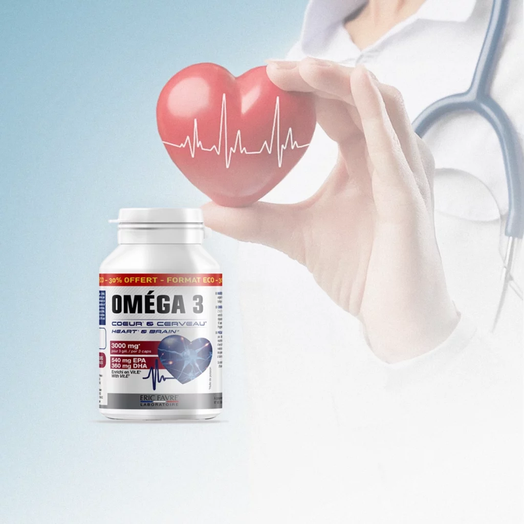 a hand holding a heart and a bottle of omega 3